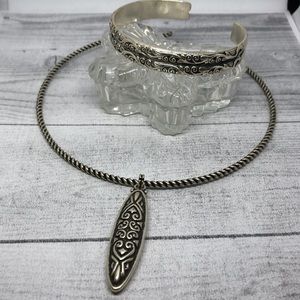 Curated bundle lot 2 antique silver tone jewelry set necklace bracelet